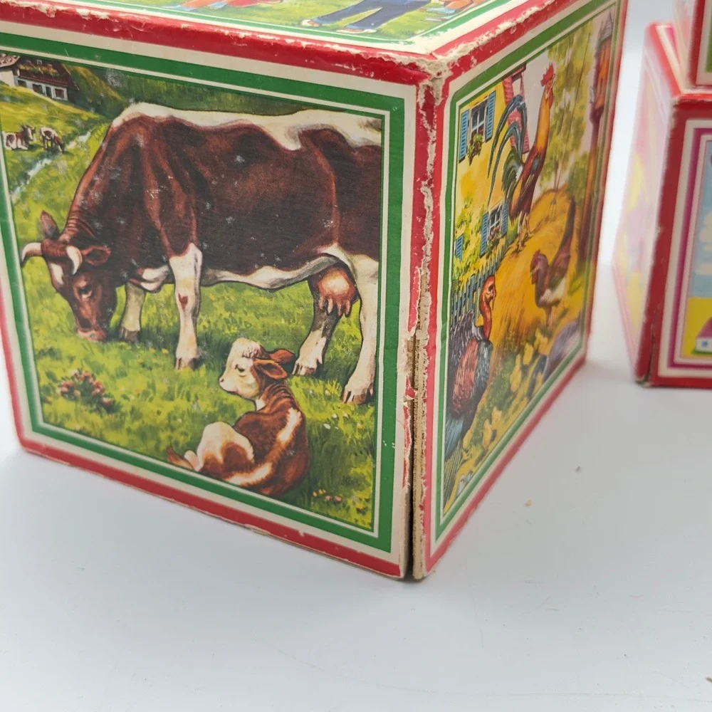 Vintage Mid Century Nesting Stacking Blocks Cardboard Animal Illustrations 9pc‎